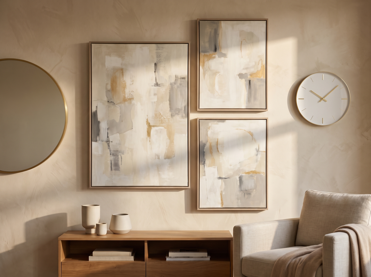 Gallery wall with framed art, round gold mirror and minimalist clock