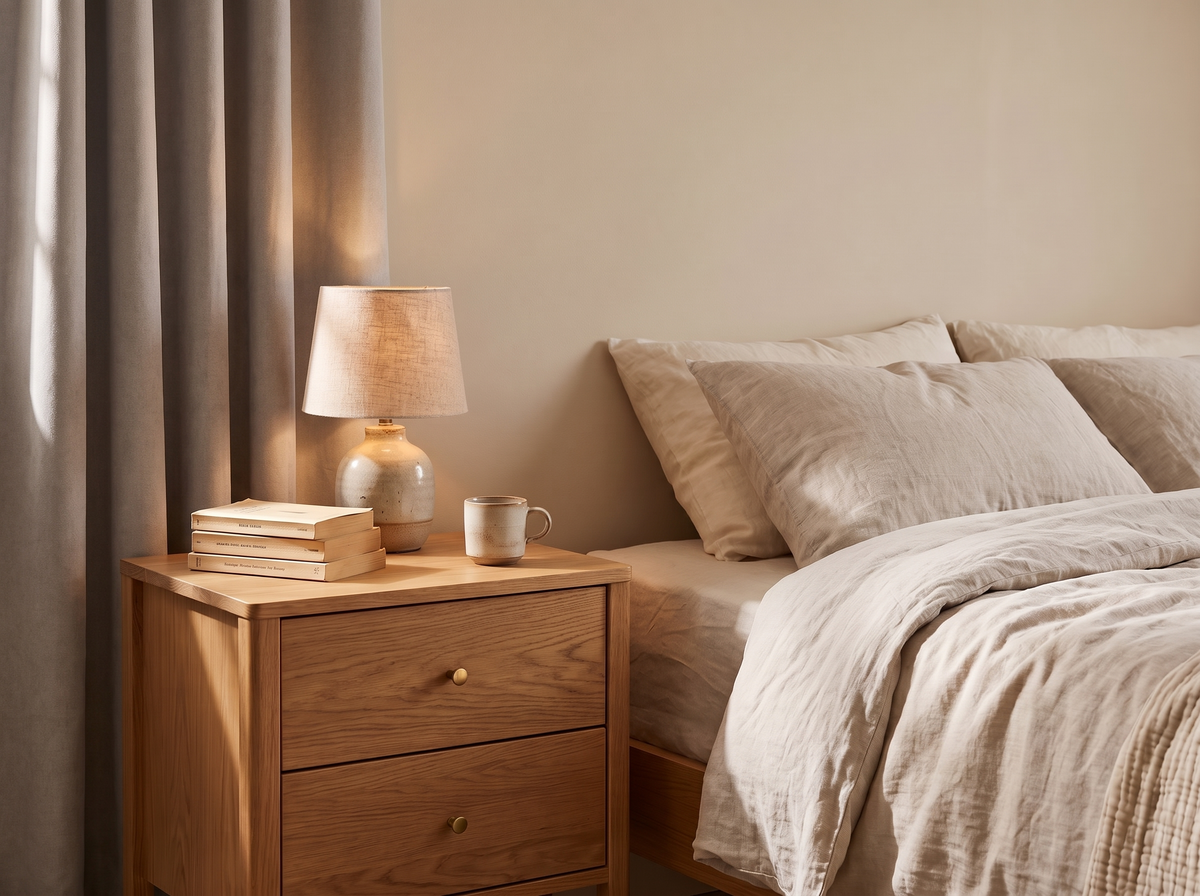 Bedroom dressed in linen bedding with blackout curtains in morning light