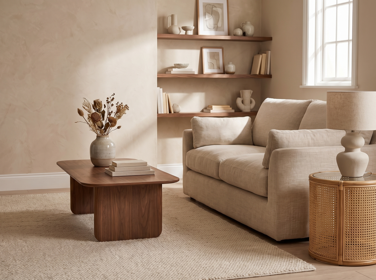 Living room with walnut coffee table, rattan side table and floating shelves