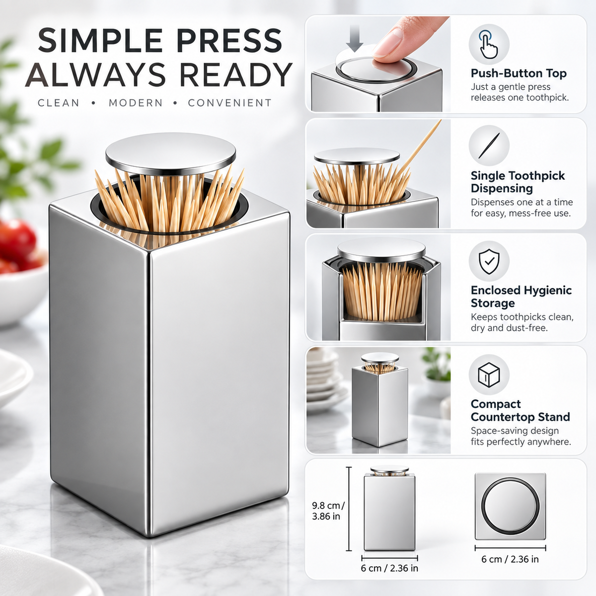 Automatic Toothpick Dispenser Push Button Compact Stand