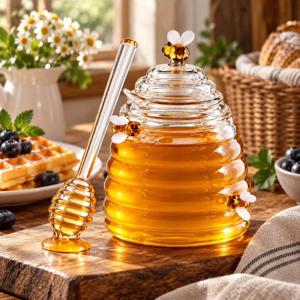 Beehive Style Honey Jar Decorative Glass Lid Spoon