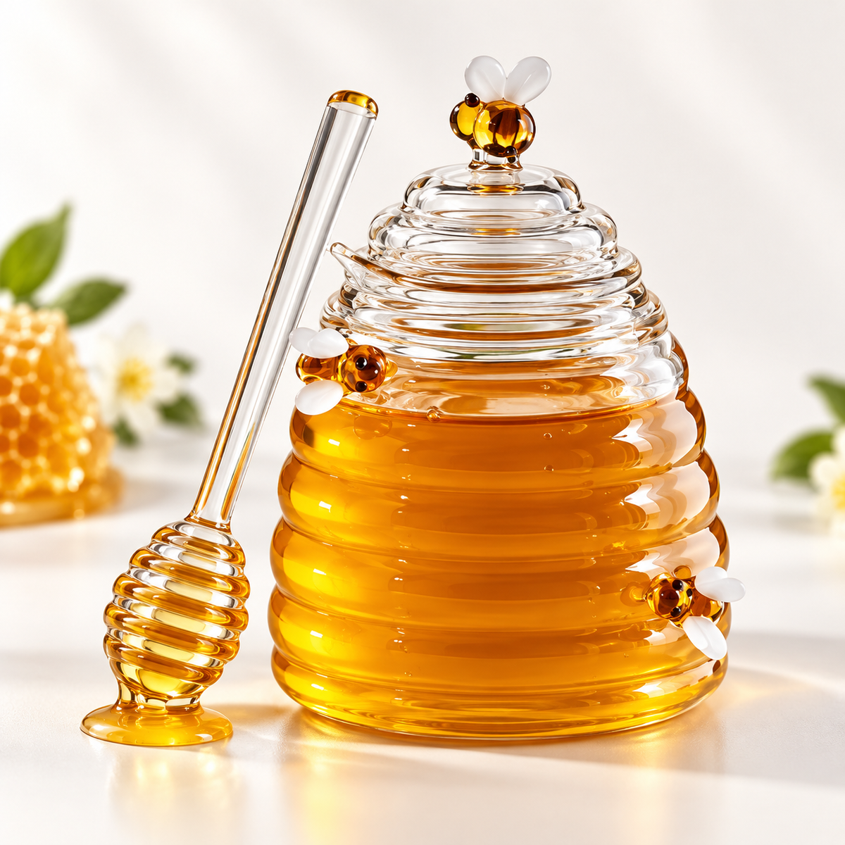 Beehive Style Honey Jar Decorative Glass Lid Spoon