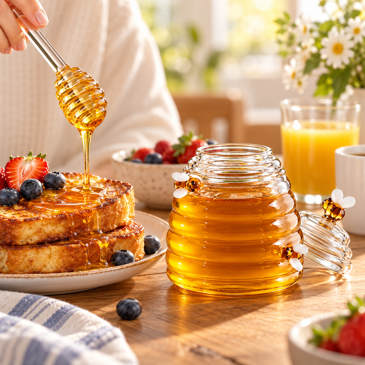 Beehive Style Honey Jar Decorative Glass Lid Spoon