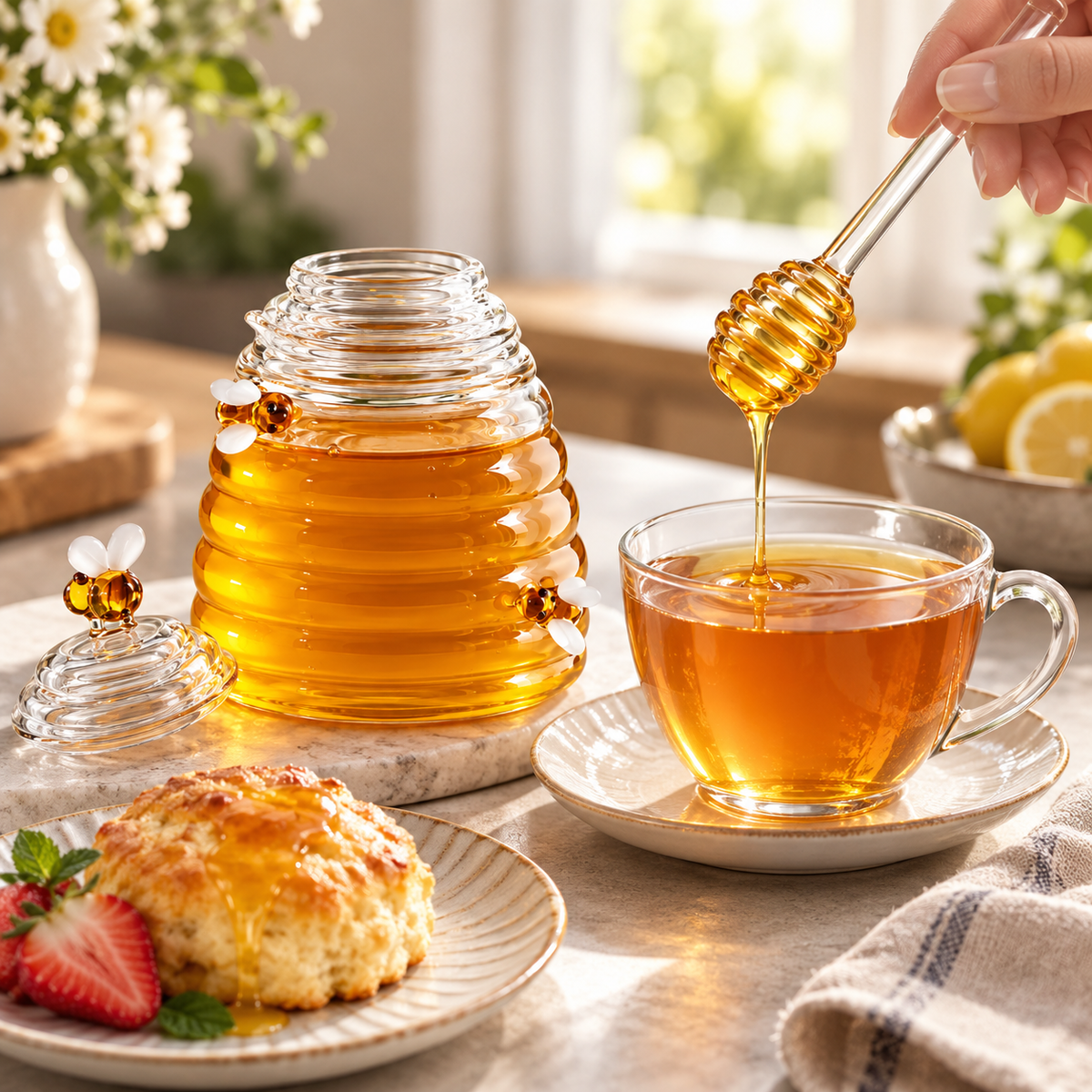 Beehive Style Honey Jar Decorative Glass Lid Spoon