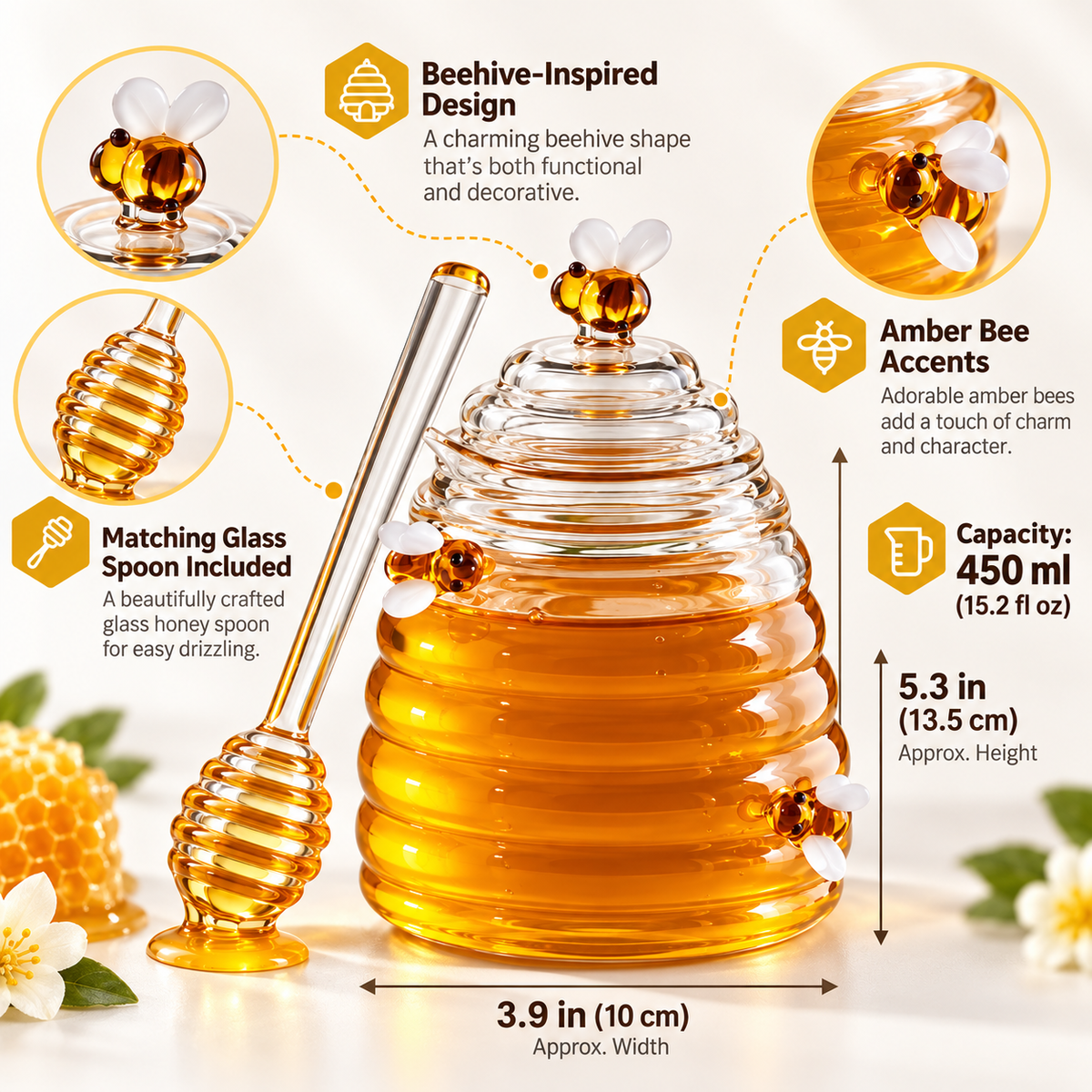 Beehive Style Honey Jar Decorative Glass Lid Spoon