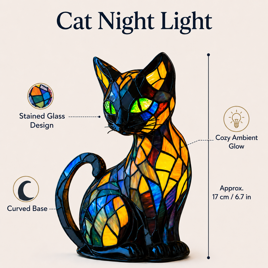 Cat Night Light Stained Glass Lamp Unique Curve Base