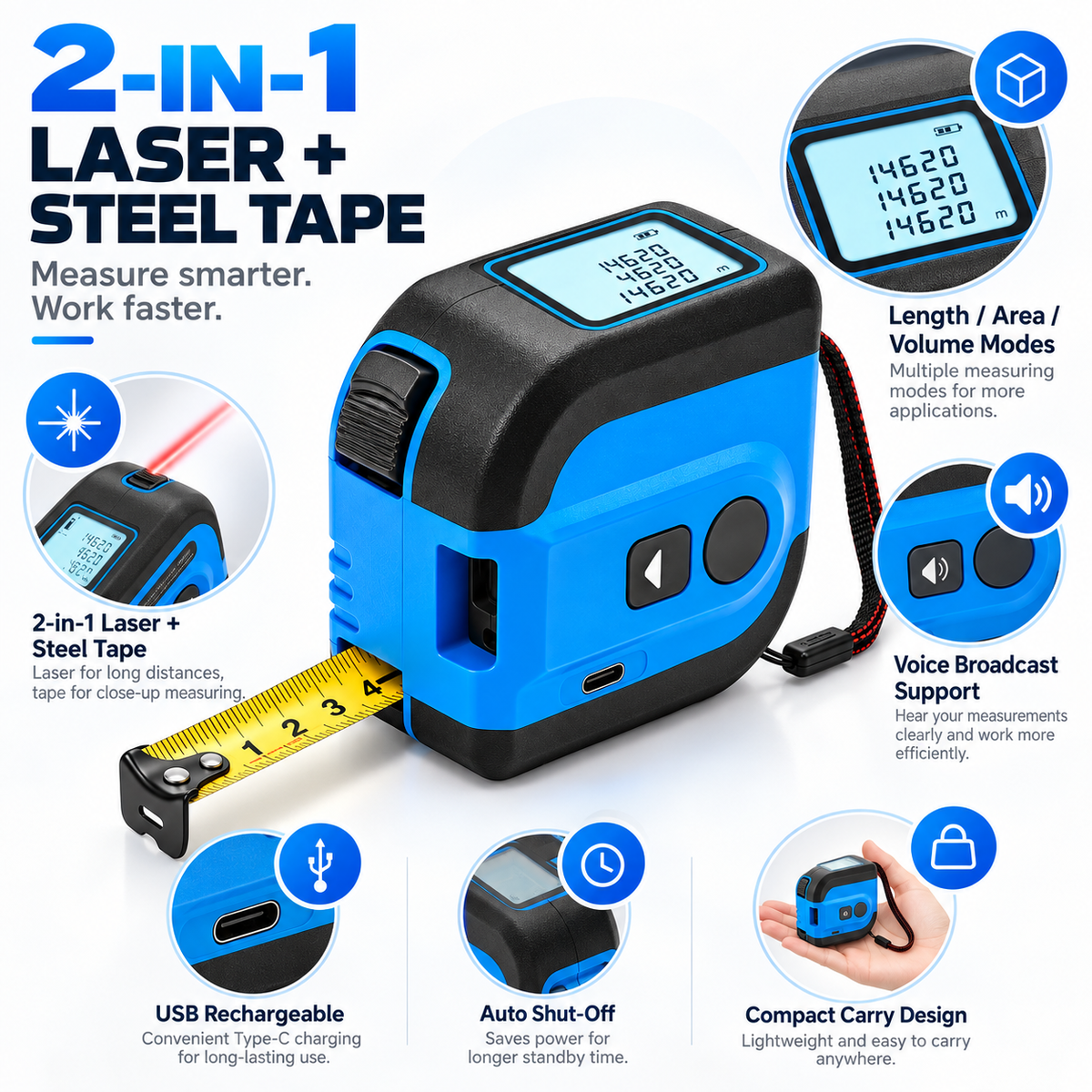 Digital Tape Measure Laser Distance Measurer Compact Design