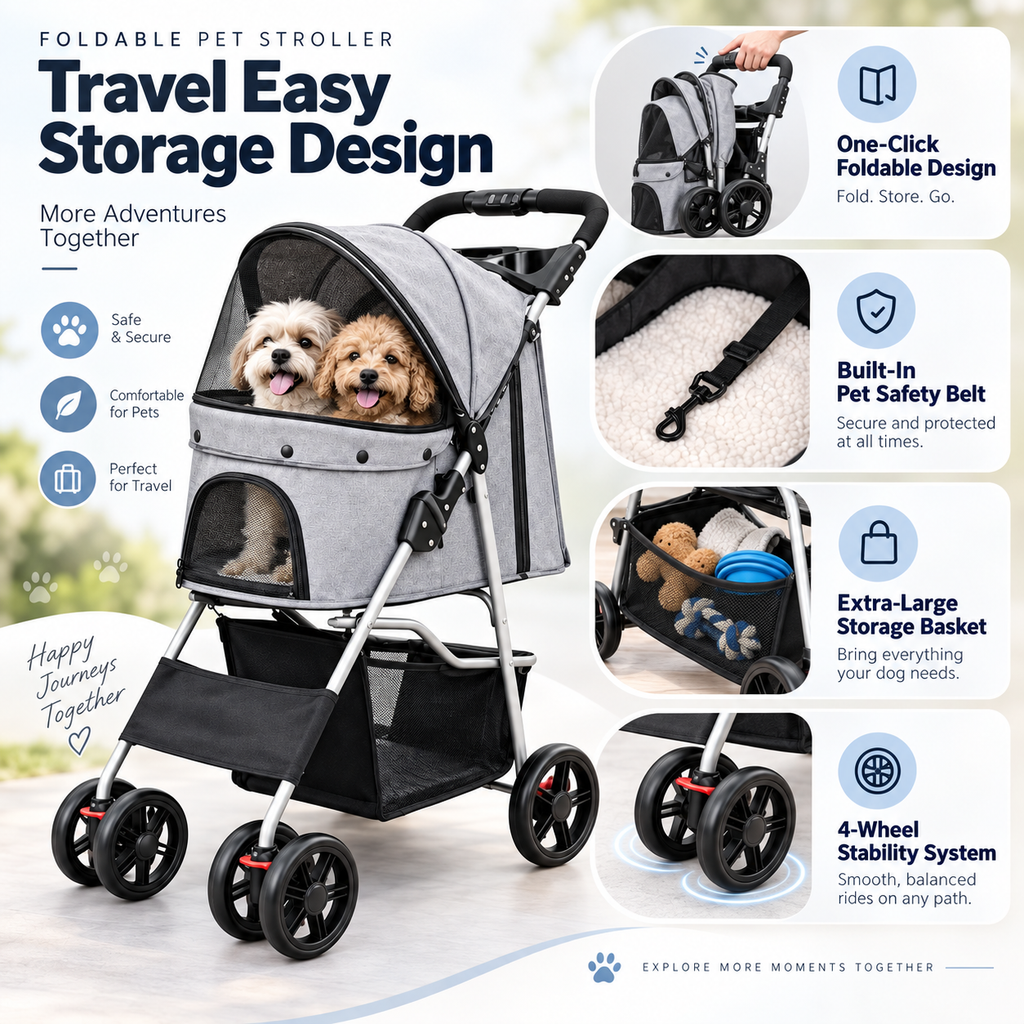 Foldable Pet Stroller Travel Easy Storage Design