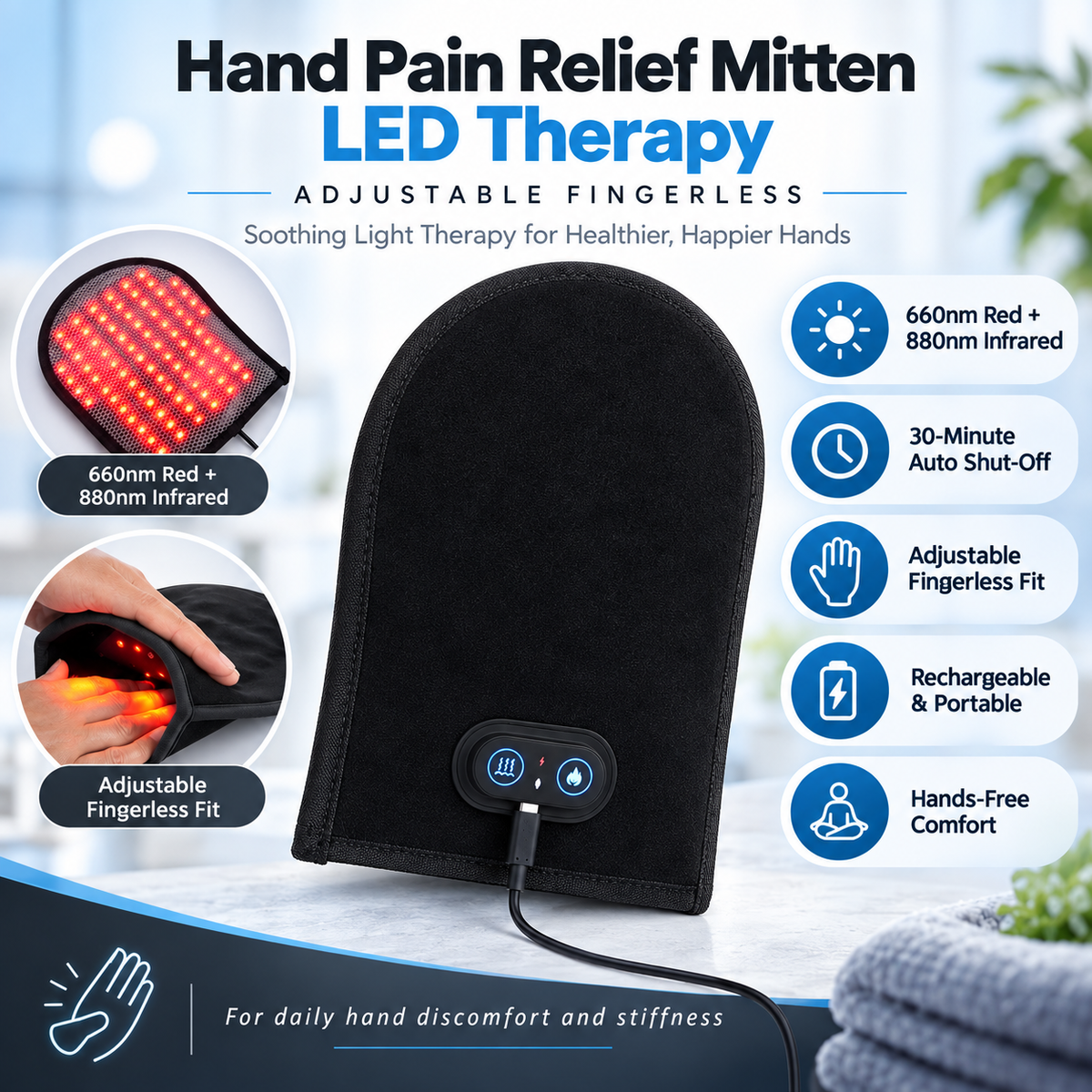 Hand Pain Relief Mitten LED Therapy Adjustable Fingerless