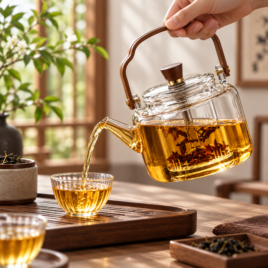 Heat Resistant Glass Teapot Wooden Handle Borosilicate