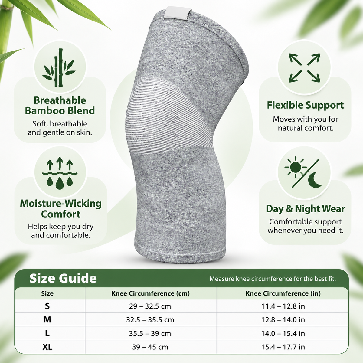 Knee Compression Sleeve Bamboo Support Brace Flexible