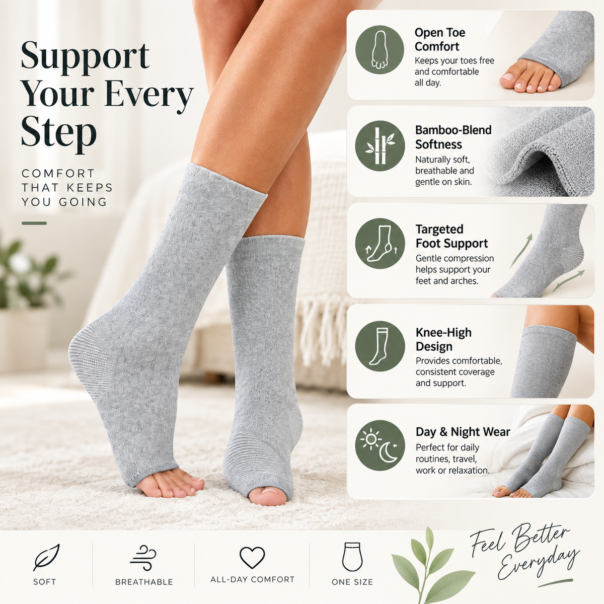 Open Toe Compression Socks Bamboo Stretch Knee High
