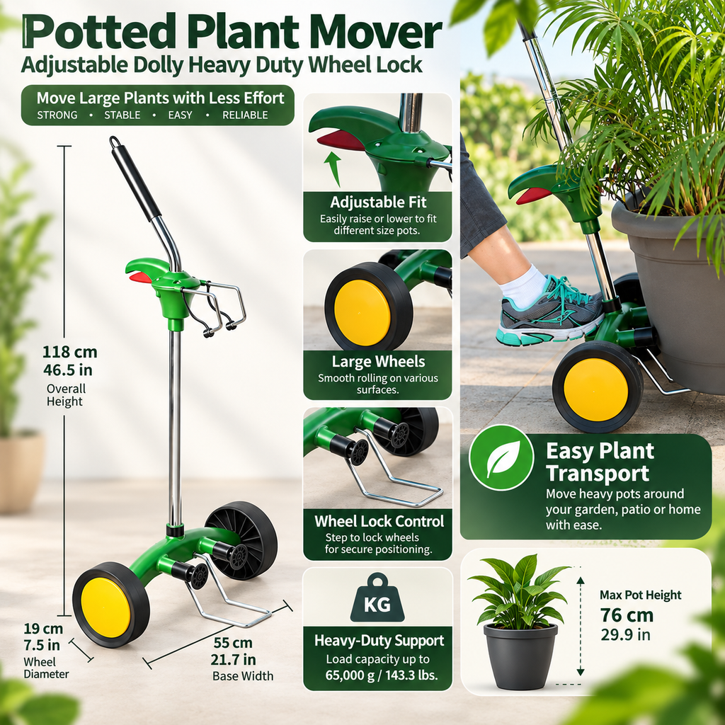 Potted Plant Mover Adjustable Dolly Heavy Duty Wheel Lock