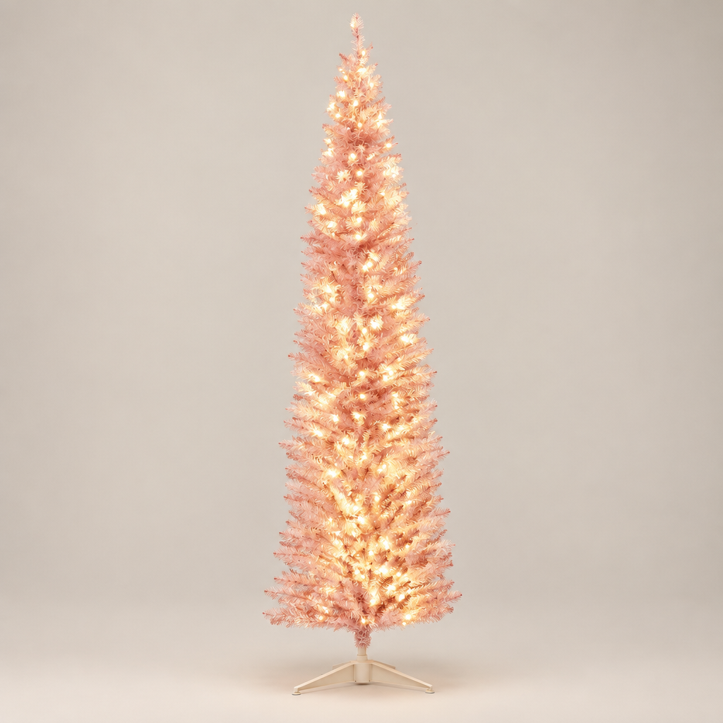 7ft Pencil Christmas Tree with LED Lights, Pink