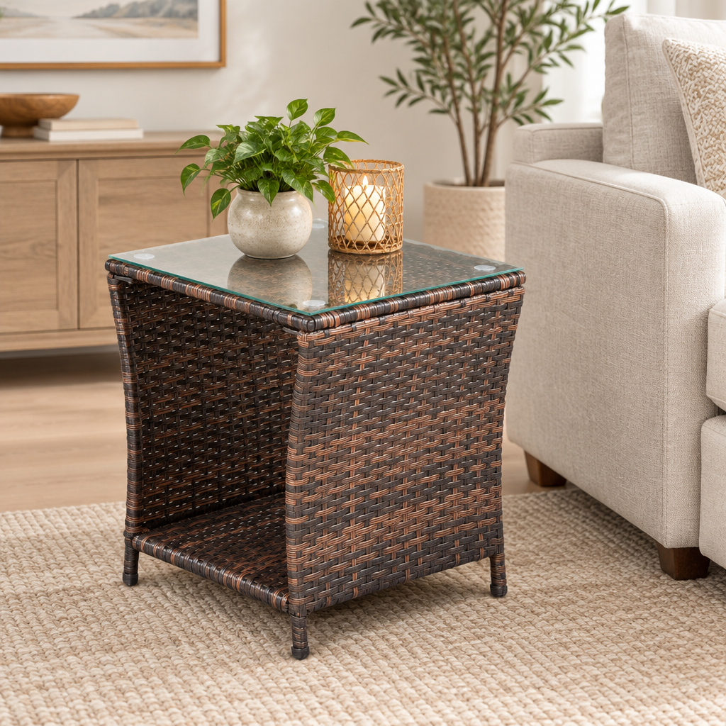 Rattan and Glass Side Table