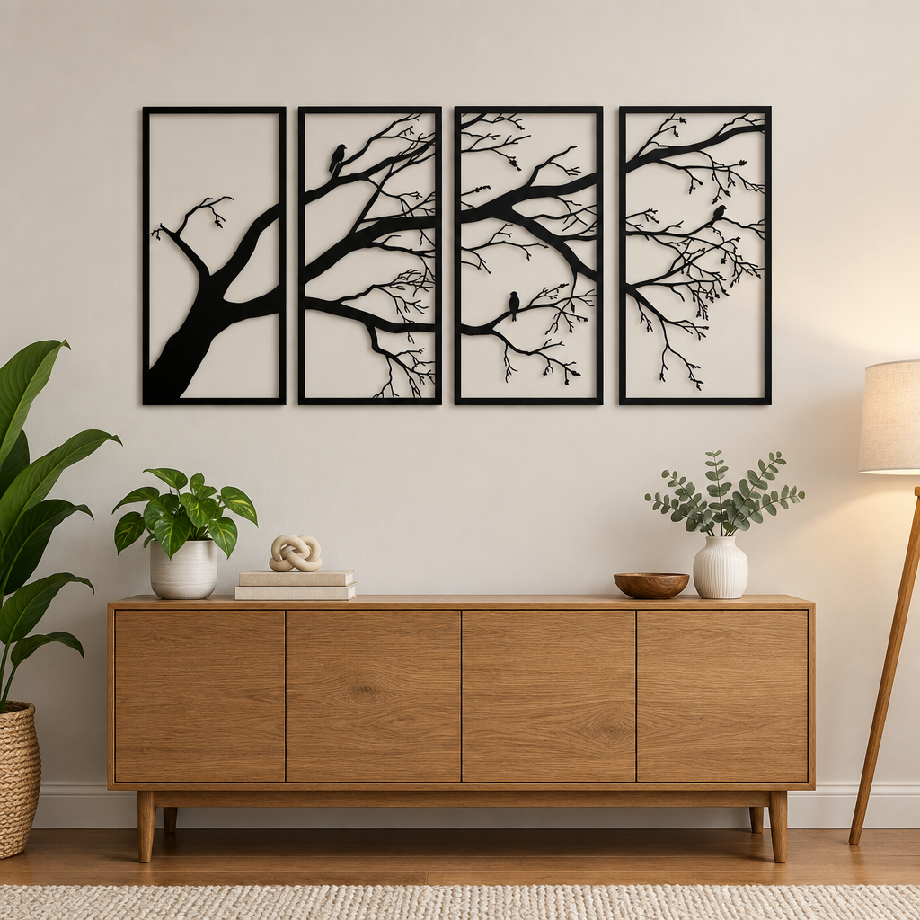 Luxury Metal Wall Art Decor Set Of 4 - Black Tree Of Life Sculpture