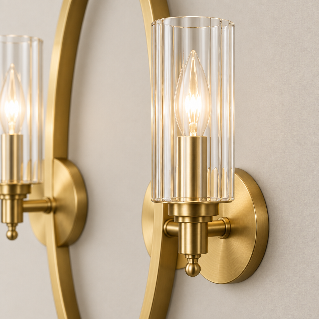 Ribbed Glass Wall Sconce, Satin Brass detail