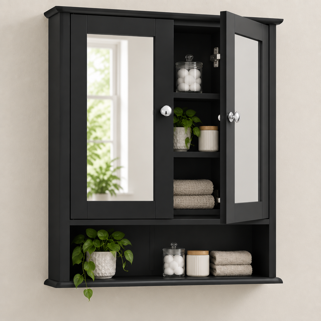 Black Wall Mounted Bathroom Mirror Cabinet detail