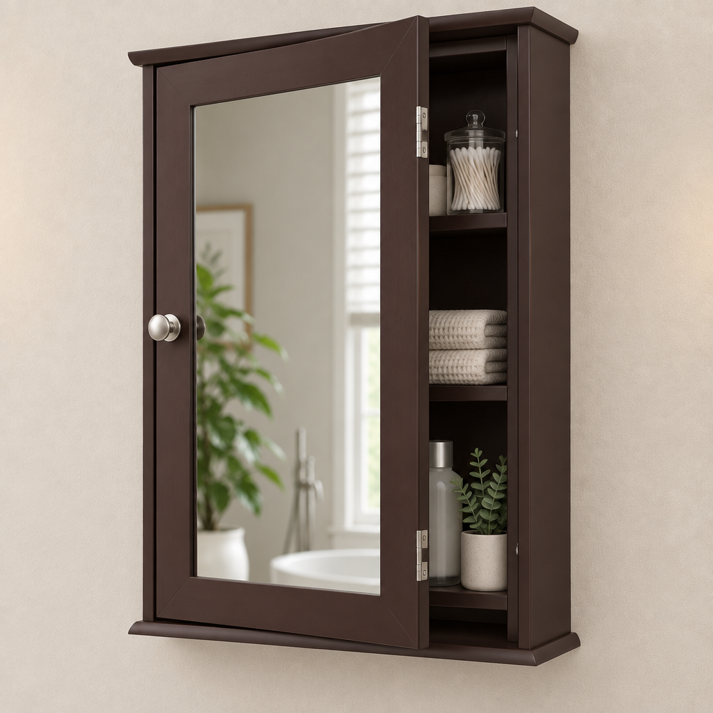 Dark Brown Bathroom Mirror Cabinet detail