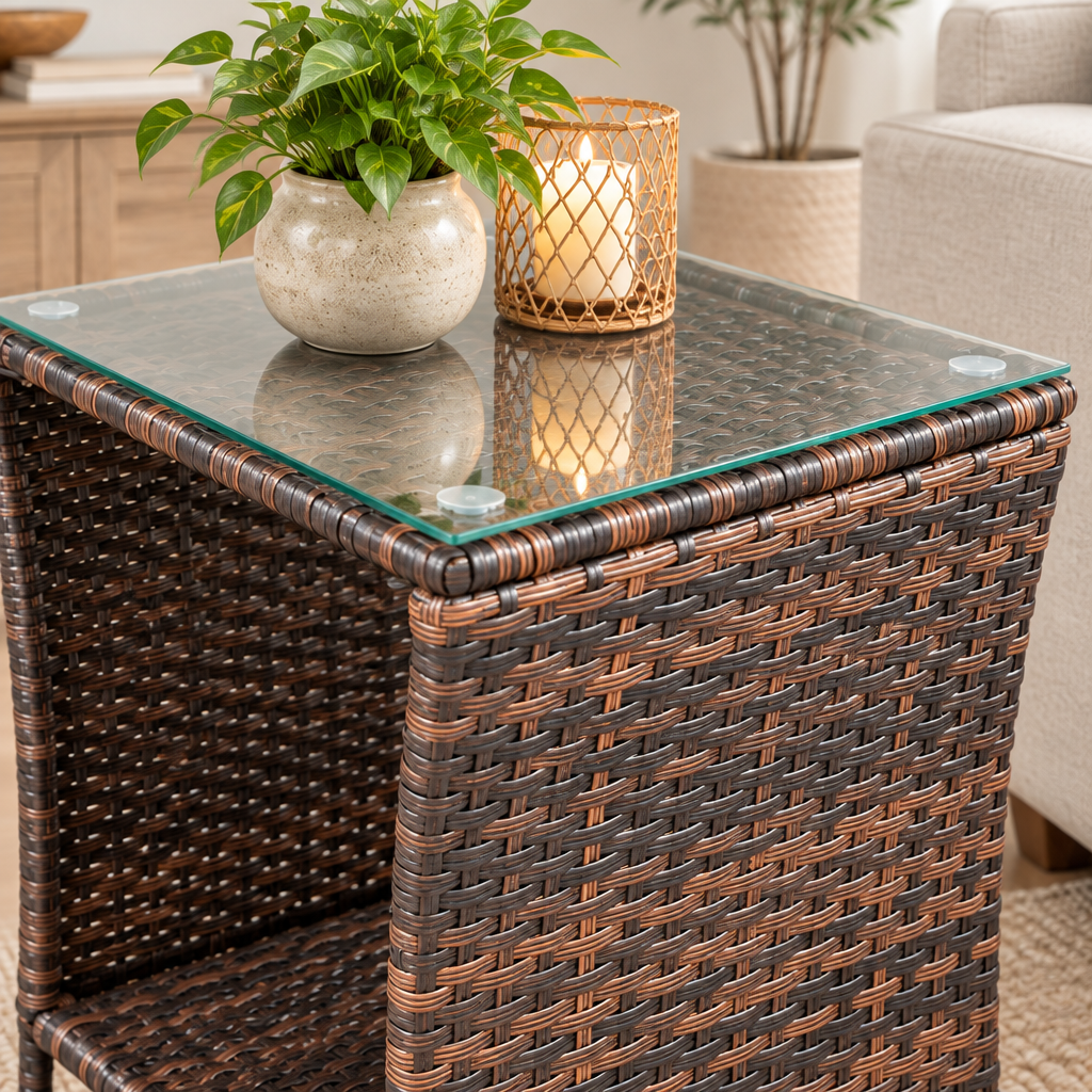 Rattan and Glass Side Table detail